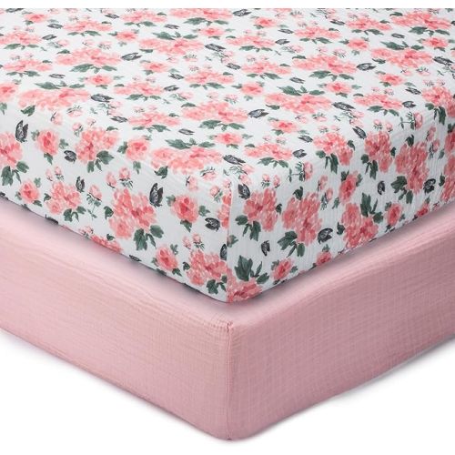 LollyBanks Muslin Crib Sheets 2 Pack, 100% Cotton Soft and Breathable Fitted Crib Sheet for Baby Girls, Snug Baby Bed Sheets for Standard 52 x 28 inches Mattress (Pink Peony and Solid Pink)
