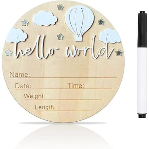 Baby Announcement Sign, 5.9 Inch Wooden Hello World Newborn Signs, Birth Announcement Sign and Pen, Hot Air Balloon and White Cloud Decoration, Welcome Newborn Arrival to World (White)