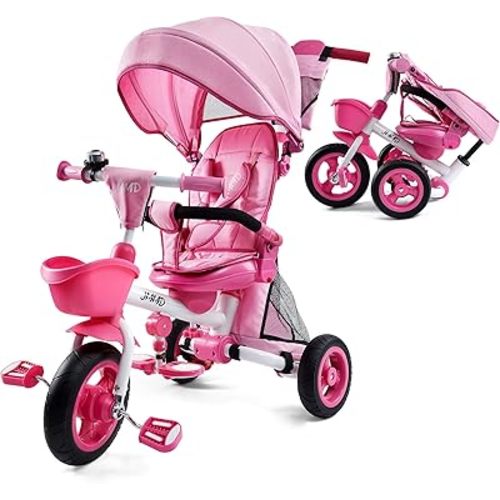JMMD Baby Tricycle, 7-in-1 Folding Kids Trike with Adjustable Parent Handle, Safety Harness & Wheel Brakes, Removable Canopy, Storage, Stroller Bike Gift for Toddlers 18 Months - 5 Years(Pink)