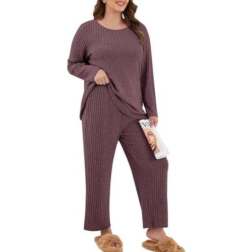 Womens Plus Size Lounge Pajamas 2 Piece Pj Sets Soft Long Sleeve Ribbed Tops Wide Leg Pants with Pockets