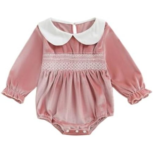 Baby Girl Christmas Velvet Smocked Bubble Romper Peter Pan Collar Bodysuit Newborn Fall Winter Holiday Clothes Photo