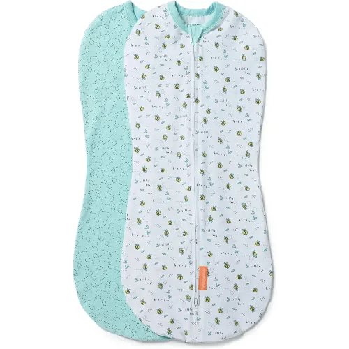 SwaddleMe by Ingenuity Compression Baby Swaddle Pod, Two-Way Zipper for Easy Diaper Changes, Improves Sleep & Calms Startle Reflex, 0-2 Months, 1.0 TOG, 2-Pack - Little Bees