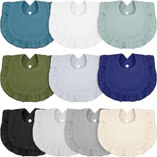 Seematn 10 Pcs Baby Muslin Bibs for Unisex Girls & Boys Drool Bibs Bandana Ruffle Soft Cotton for Newborn Infants Toddlers(Cool Colors)
