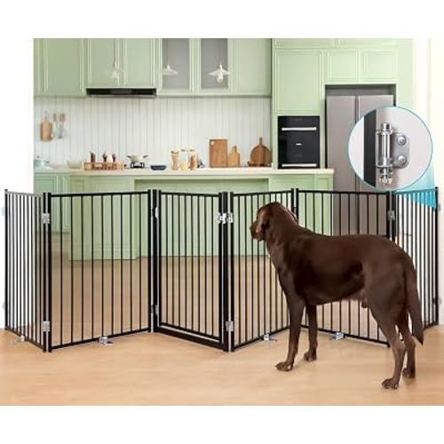 No Pawblems Free Standing Dog Gate with Door, 30'' Tall Foldable Dog Fence for Indoor & Outdoor, Up to 156 Inch Extra Wide Pet Gate for Yard, Deck, Doorways, Stairs, Hallways (Black, 6 Panels)