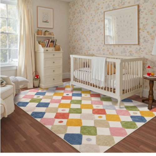 jinchan Macy 5x7 Area Rug for Kids Room Modern Colorful Checkered Diamond Nursery Rug Indoor Washable Soft Non Slip Carpet for Playroom Classroom Bedroom Dorm Daycare Living Room Circus on Cream