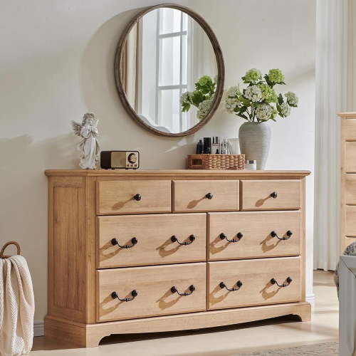 OKD 7 Drawers Dresser for Bedroom, Farmhouse Wooden Wide Chest of Drawers, Closet Clothes Storage Organizer for Bedroom, Living Room, Natural Oak