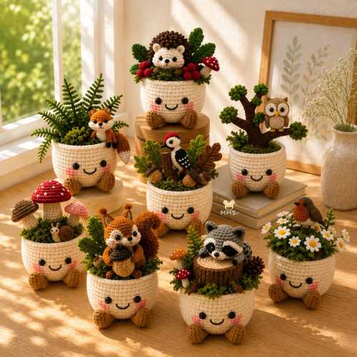 Crochet Plant Pot with Fox Owl Hedgehog Woodpecker Mushroom Squirrel Robin Raccoon