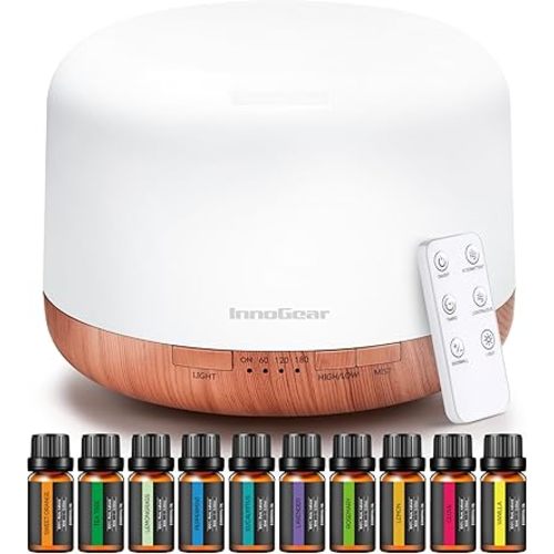 InnoGear Aromatherapy Diffuser & 10 Essential Oils Set, 500ml Essential Oil Diffuser with Remote Control Mother's Gift Ultrasonic Cool Mist Scent Humidifier Vaporizer Auto-Off Timer for Home, Yellow