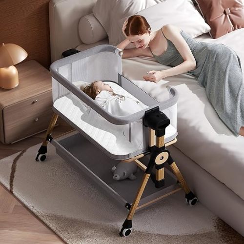 Baby Bassinet,Bedside Bassinet for baby, Rocking bassinet with Storage Basket and Wheels, Adjustable 6 Heights and All Mesh Sides,Portable Babys Bassinets Bedside Sleeper for Newborn Infant