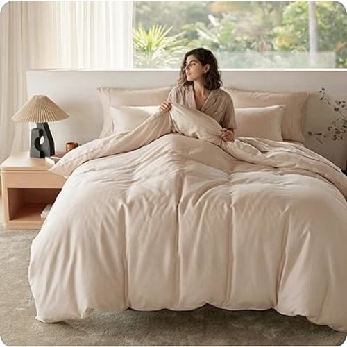 Bedsure 100% Organic Cotton Duvet Cover Queen Size - GOTS Certified, Luxury PureWoven Duvet Cover Set with Zipper, Ultra-Soft Breathable Bedding Set for Home Hotel(Linen, 90"x90") 2 Pillowcases