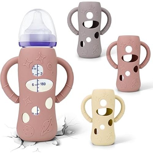 BUSOHA 3 Pack Silicone Sleeves for Lansinoh Glass Baby Bottles - Wide Neck Baby Bottles Sleeves for Lansinoh Bottles Baby Anti-Colic Bottles Holder with Handle Silicone Protector,8 oz