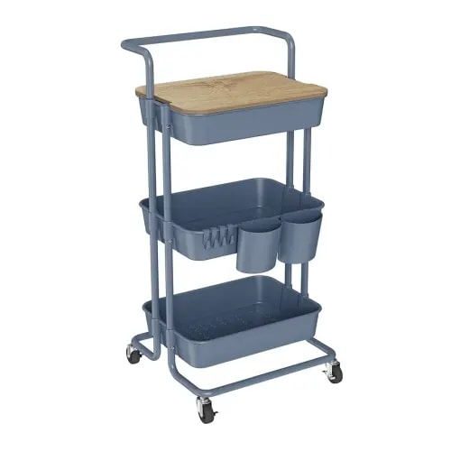 DTK 3 Tier Utility Cart with Cover Board, Rolling Cart with Lockable Wheels, Cups, Hooks for Home Office, Art Craft Storage, Home School Organization and More Uses(Blue)