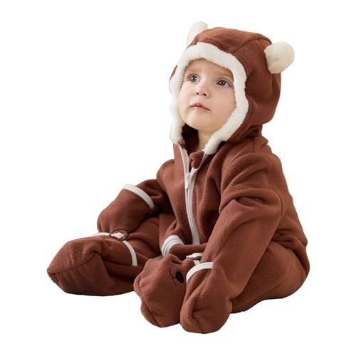 PATPAT Baby Fleece Footies Hooded Romper- Cute Outfit for Boys and Girls - 2 Way Zipper - Newborn Infant Clothes Outerwear