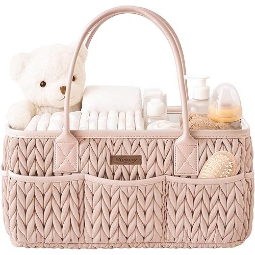 Konssy Braided Quilted Diaper Caddy Organizer, Boho Nursery Storage Basket with PU Leather Handles, Water-Repellent Portable Diaper Basket for Changing Table, Newborn Essentials (Blush)