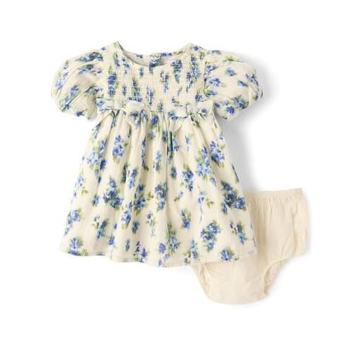 The Children's Place,Baby-Girls,and Newborn Casual Short Sleeve Dress with Diaper CoverBlue Floral,3 Months,6 Months