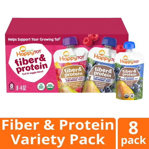 Happy Tot Organics Fiber & Protein Stage 4, 2-Flavor Variety Pack Organic Tot Food, 4 oz (8 Pouches)