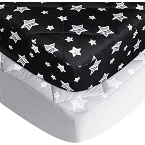 Pack and Play Sheets Fitted 2 Pack, Compatible with Graco Pack n Play, Soft and Breathable Playpen Sheets 39"×27"×5", Gray Star&Black Star