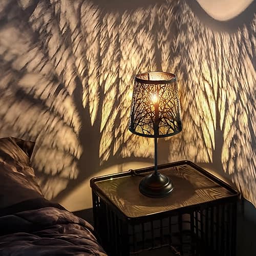 3 Level Dimmable Touch Table Lamp, Black Metal Tree Pattern Shadow Lamp, Small Bedside Night Light for Kids, Vintage Accent Decor Lamp Halloween Indoor Mood Lighting Bedroom Living Room Small Spaces