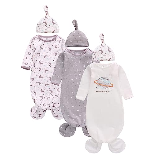 Newborn Knotted Nightgown Long Sleeve with Matching Hat Set 3 Pack, Unisex Baby Sleeper Gowns Coming Home Outfits Set with Mitten Cuffs for Boys Girls
