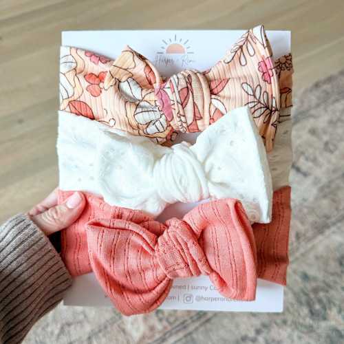 Spring Baby / Newborn Headbands, Oversized Bow or Top Knot (Coral Large Floral Print, White Eyelet, Coral Solid)