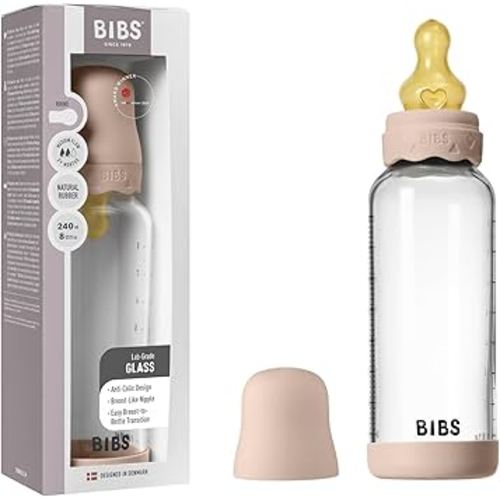 BIBS Boheme Baby Glass Bottle 8 oz /240 ml. Anti-Colic. Round Natural Rubber Latex Nipple. Supports Natural Breastfeeding - Blush