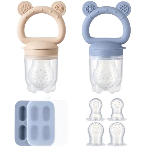 2 Pack Silicone Baby Fruit Feeder with Mini Freezer Tray, Fresh Food Feeder for Safe Infant Self Feeding, Extra Food Pouches, Breastmilk Popsicle Molds for Baby Teething Relief - Blueberry