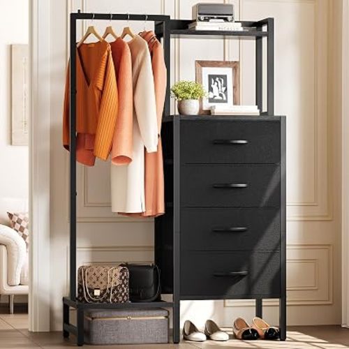 Yoobure Black Dresser with Hanging Rack - Small Closet with 4 Fabric Storage Drawers, 44" H Dresser with Clothes Rack, Chest of Drawer, Kids Dressers for Bedroom, Dorm, Living Room, Sturdy Frame