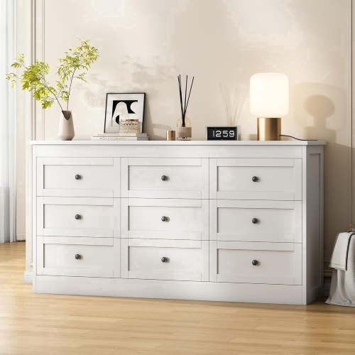 Pipleo 9 Drawer Dresser for Bedroom, White Modern 59 Inch Wide Chest of Drawers, Wood TV Stand with Metal Handles, Storage Tower for Living Room, Hallway, Entryway