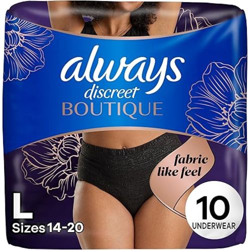 Always Discreet Boutique Incontinence and Postpartum Underwear for Women, Maximum Protection, Large, Black, 10 Count