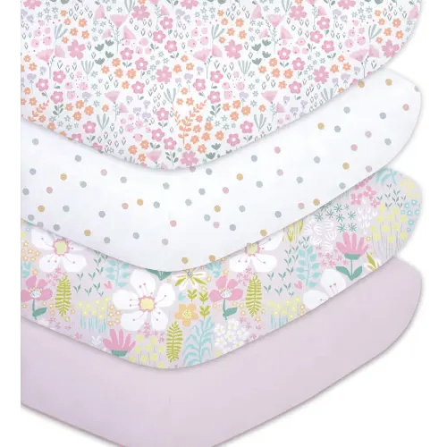 Little Grape Land Crib Sheets Baby Toddler Sheets 4 Pack Fitted for Boys Girls, Standard Size 28x52‘’ Crib Mattress, Super Soft Breathable Washable Microfiber (Floral/Blossom/Dots/Blush Pink)