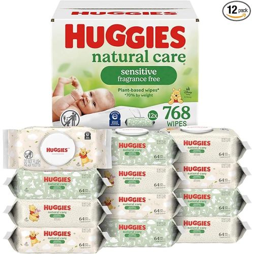 Huggies Natural Care Sensitive Baby Wipes, Unscented, Hypoallergenic, 99% Purified Water, 12 Flip-Top Packs (768 Wipes Total), Packaging May Vary