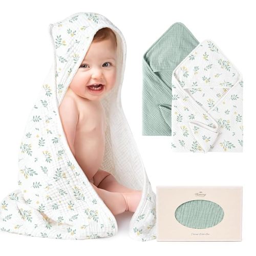 Konssy 2-Pack 100% Muslin Cotton Hooded Baby Bath Towels for Boys and Girls