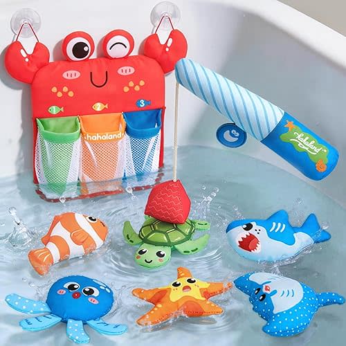 hahaland Bath Toys for Kids Ages 1-3 - Soft Magnetic Fishing Toys with Color Sorting Mesh, Mold Free Bathtub Shower Water Toy Toddler Educational Learning Montessori Toys for 1 Year Old Boy Girl Gifts