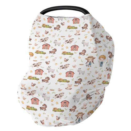 Cute Farm Animal Life Baby Car Seat Covers Cow Rooster Horse Goat Duck Pig Barn Truck Farmers Stretchy 5-in-1 Cover Adjustable Car Canopy Cover Country Farmyard Breathable Nursing Cover-Up