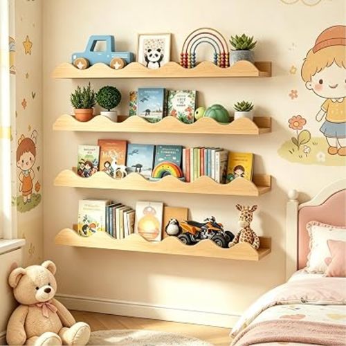 Costzon 4 Pcs Kids Floating Bookshelves, 24" Wall-Mounted Kids Bookshelf w/Fir Wood Structure, Cute Wall Book Shelves for Kids Room, Playroom, Nursery & Living Room