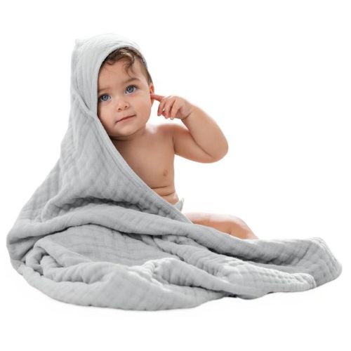Comfy Cubs Hooded Baby Towels 1 Pack - 6 Layer, 100% Muslin Cotton - Large 32" x 32" - Heather Blue