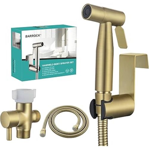 BARROCK Handheld Bidet Sprayer for Toilet, Stainless Steel Metal Made Baby Cloth Diaper Spraying Kit, Bathroom Toilet Bidet Attachment Set for Bathing Pets and Feminine Hygiene, Brushed Brass Gold