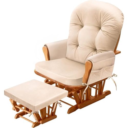JZHLLA Glider Rocker Replacement Cushion Set with Storage Pockets Soft Flannel Fabric & High-Resilience Foam Non-Slip Back Rocking Chair Cushion for Living Room Rocking Chair(Beige)