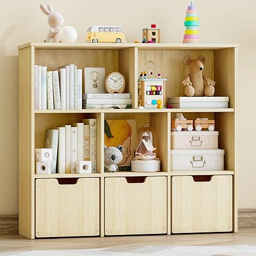 Toy Storage Organizer, Toy Organizer with 3 Movable Drawers and 5 Storage Cubes, Toy Storage Chest with Hidden Wheels, Kids Bookshelf for Playroom, Burlywood