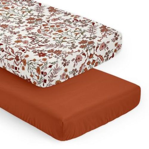 Sweet Jojo Designs Girl Fitted Crib Sheets Set Boho Floral Wildflower Ivory Orange and Burgundy 2pc