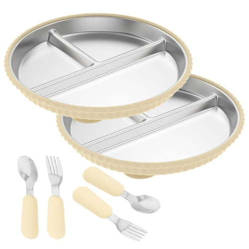 Grusce 2 PCS Toddler Plate, Stainless Steel Baby Divided Plate with Removable Silicone Suction Cup Base, Toddler Dish Set with Spoon and Fork for Home and Outdoor