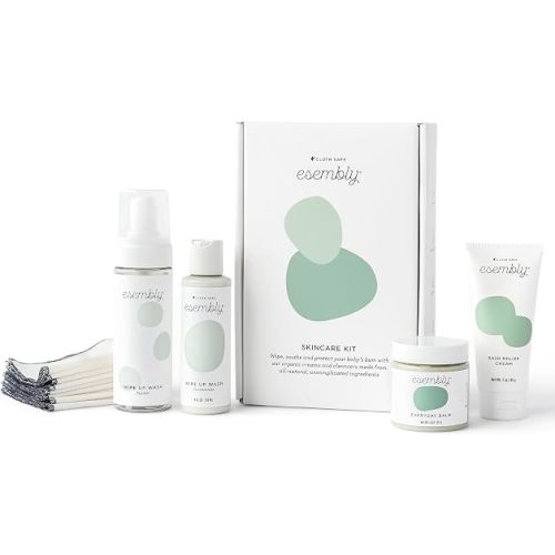 Esembly Skincare Kit, Baby Arrival Gift Set | Baby Essentials Bundle - Includes Full Size Everyday Balm, Rash Relief, Wipe-Up Wash with Foamer Bottle & 12 Cotton Wipe Ups