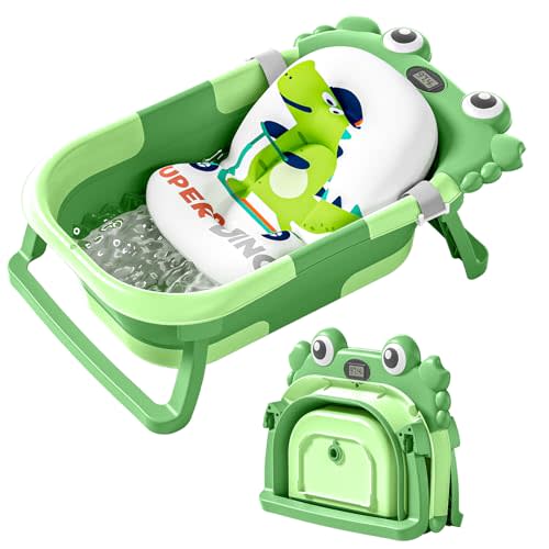 Collapsible Baby Bathtub for Newborns with Thermometer and Soft Floating Cushion Portable and Foldable Travel Baby Bath Tub for Infants to Toddler 0-36 Month(Dark Green)