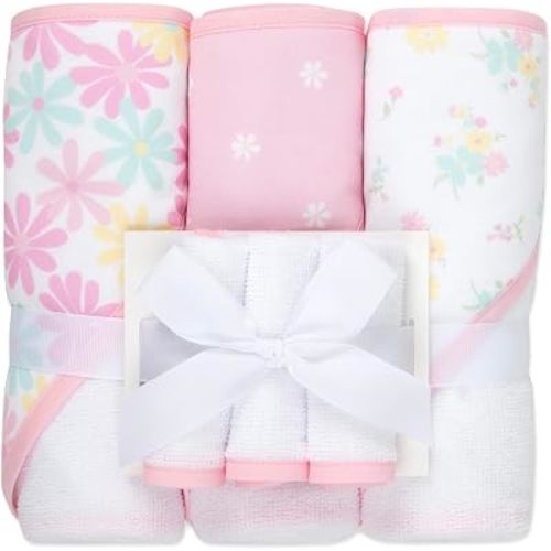 Jessica Simpson Baby 6-Piece Hooded Towel & Washcloth Set – Soft Polyester Hooded Towels + Matching Washcloths (Pink Floral Multi)