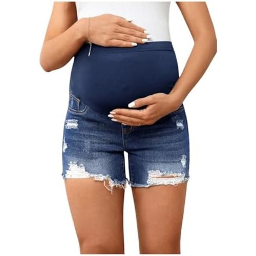 BEAUDRM Women's Maternity Ripped Raw Hem Skinny Shorts Elastic Waist Jeans Pregnant Denim Shorts