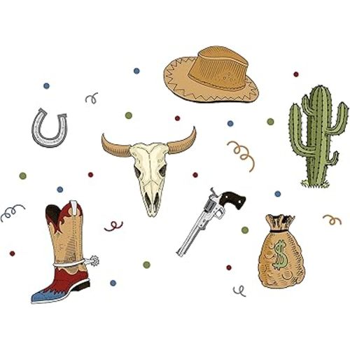 DS Inspirational Decals Kids Boys Bedroom 19" x 28" Wild West Themed Cowboy Vinyl Adhesive Wall Decoration Colorful Kids Cartoon Art Design Removable Home Multicolored Wall Decal Sticker