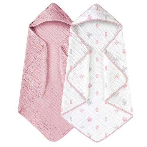 Yoofoss Hooded Baby Towels for Newborn 2 Pack 100% Muslin Cotton Baby Bath Towel with Hood for Babies, Infant, Toddler and Kids, Large 32x32Inch, Soft and Absorbent Newborn Essential