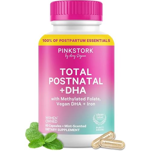 Pink Stork Total Postnatal Vitamins for Women | Vegan Algae DHA, Methylated Folate, Iron, B12 | Postpartum Recovery + Lactation Support | No Fishy Burps | Clean Label Award Winner | 60 Capsules, Mint
