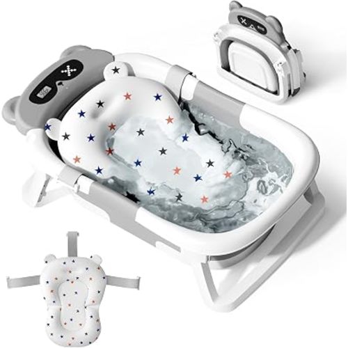 Baby Bathtub,Foldable Baby Bath Tub for Newborn to Toddler (0-18 Months) – Collapsible Infant Tub for Travel with Thermometer, Soft Cushion,Grey