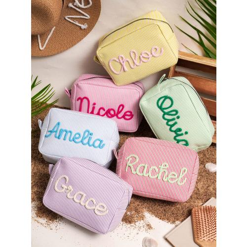 Custom Seersucker Makeup Bag: Vacation Travel Pouch, Bridesmaid Gift Bag, Graduation Gifts for her
